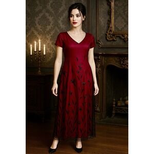 Vtg Dress 12 Maxi Black Sheer Overlay Burnout Velvet Whimsigoth Vamp Dark Fairy